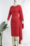 Red Elegant Solid Patchwork Flounce O Neck One Step Skirt Dresses