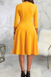 Yellow Casual Solid Patchwork Buttons O Neck A Line Dresses
