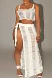 White Sexy Solid Bandage Hollowed Out Patchwork Slit Spaghetti Strap Sleeveless Two Pieces