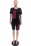 Red Casual Print Letter O Neck Short Sleeve Two Pieces
