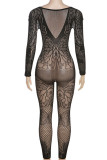 Black Sexy Solid Patchwork See-through O Neck Skinny Jumpsuits