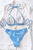 Blue Sexy Tie Dye Bandage Backless Swimwears (With Paddings)