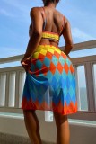 Multicolor Sexy Print Bandage Backless Swimsuit Three Piece Set (With Paddings)