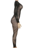 Black Sexy Solid Patchwork See-through O Neck Skinny Jumpsuits