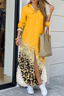 Yellow Casual Print Leopard Patchwork Buckle Turndown Collar Shirt Dress Dresses