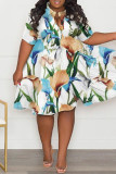 Green Casual Print Patchwork Fold Turndown Collar A Line Plus Size Dresses
