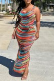 Multicolor Sexy Striped Print Backless Slit U Neck Vest Dress Dresses