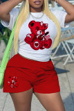 White Red Casual Print Basic O Neck Short Sleeve Two Pieces