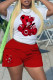 White Red Casual Print Basic O Neck Short Sleeve Two Pieces