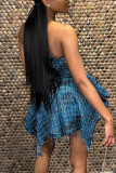 Blue Sexy Street Print Patchwork Asymmetrical Strapless A Line Dresses