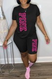 Red Casual Print Letter O Neck Short Sleeve Two Pieces