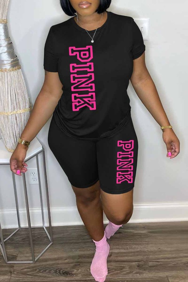 Black Casual Print Letter O Neck Short Sleeve Two Pieces