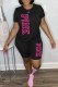 Black Casual Print Letter O Neck Short Sleeve Two Pieces