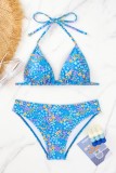 Blue Sexy Print Bandage Backless Swimwears (With Paddings)