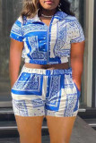 Red Casual Print Patchwork Zipper Collar Short Sleeve Two Pieces
