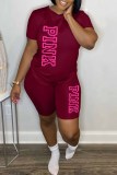 Red Casual Print Letter O Neck Short Sleeve Two Pieces