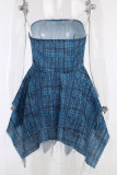 Blue Sexy Street Print Patchwork Asymmetrical Strapless A Line Dresses