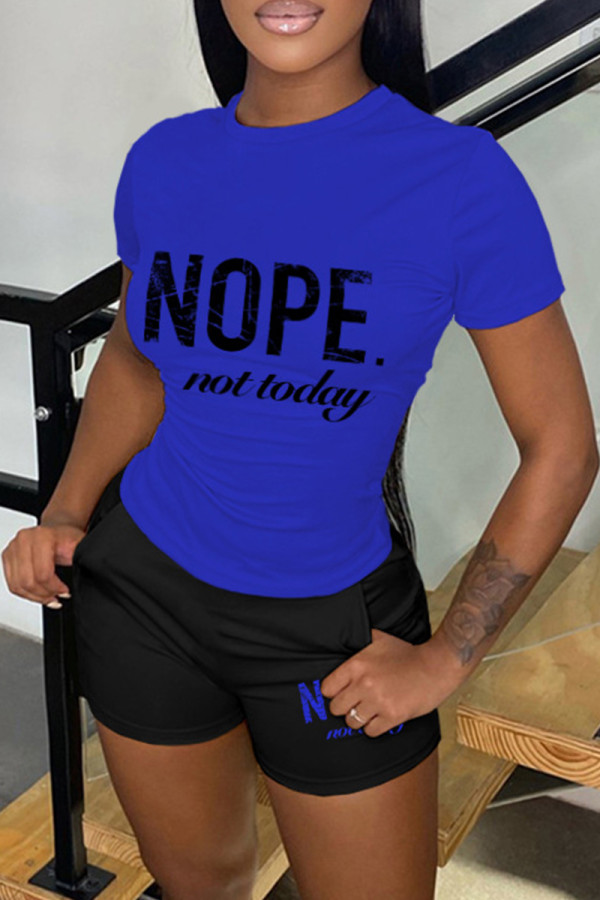 Blue Casual Letter Print Basic O Neck Short Sleeve Two Pieces