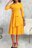 Yellow Casual Solid Patchwork Buttons O Neck A Line Dresses