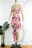 Pink Sexy Print Backless Strapless Irregular Dress Dresses
