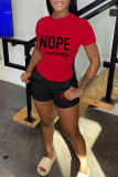 Red Casual Letter Print Basic O Neck Short Sleeve Two Pieces