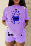 Purple Casual Sportswear Cartoon Print Letter O Neck Short Sleeve Two Pieces(Without Necklace)