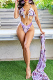 Purple Sexy Print Bandage Backless Swimsuit Three Piece Set