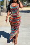 Multicolor Sexy Striped Print Backless Slit U Neck Vest Dress Dresses