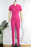 Rose Red Sexy Solid Patchwork Pocket Turndown Collar Skinny Jumpsuits