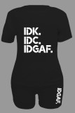 Black Casual Letter Print Basic O Neck Short Sleeve Two Pieces