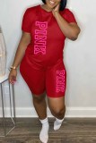 Red Casual Print Letter O Neck Short Sleeve Two Pieces
