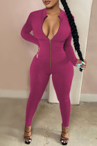 Rose Red Sexy Casual Sportswear Solid Zipper Half A Turtleneck Skinny Jumpsuits