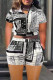 Black Casual Print Patchwork Zipper Collar Short Sleeve Two Pieces