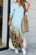 Light Blue Casual Print Leopard Patchwork Buckle Turndown Collar Shirt Dress Dresses