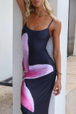 Pink Sexy Print Patchwork Spaghetti Strap One Step Skirt Dresses