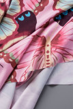 Pink Sexy Print Backless Strapless Irregular Dress Dresses