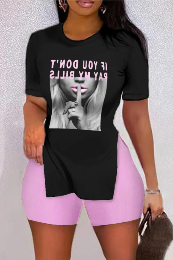 Black Pink Casual Sportswear Letter Leopard Lips Printed Camouflage Print Slit O Neck Plus Size Two Pieces