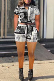 Red Casual Print Patchwork Zipper Collar Short Sleeve Two Pieces