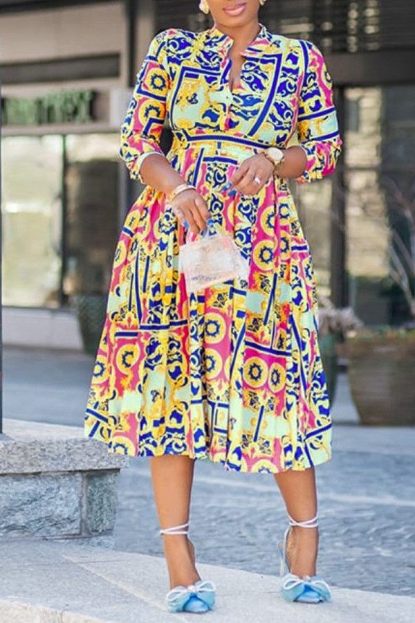 Pink Casual Print Patchwork Buckle Mandarin Collar A Line Dresses