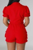 Red Casual Print Letter Turndown Collar Short Sleeve Two Pieces