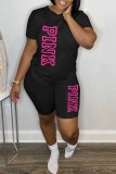 Red Casual Print Letter O Neck Short Sleeve Two Pieces