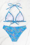 Blue Sexy Print Bandage Backless Swimwears (With Paddings)