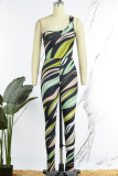 Green Sexy Print Patchwork Oblique Collar Sleeveless Two Pieces