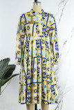 Pink Casual Print Patchwork Buckle Mandarin Collar A Line Dresses