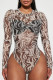 Black Sexy Print Patchwork See-through O Neck Skinny Bodysuits