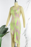 Multicolor Sexy Casual Print Asymmetrical U Neck Sleeveless Dress Dresses
