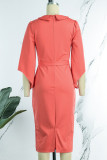 Watermelon Red Elegant Solid Patchwork Turndown Collar One Step Skirt Dresses