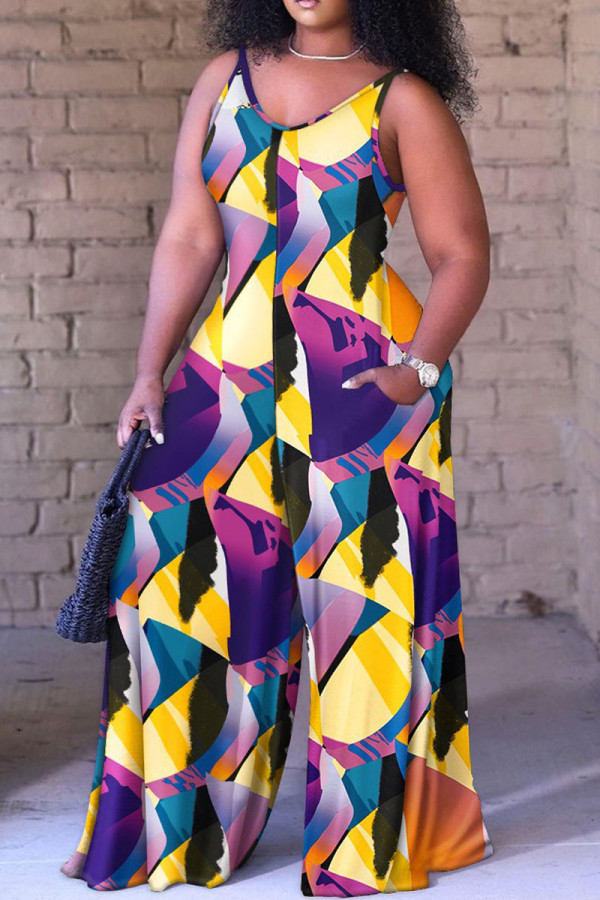 Purple Yellow Casual Street Print Spaghetti Strap Loose Jumpsuits