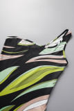 Green Sexy Print Patchwork Oblique Collar Sleeveless Two Pieces
