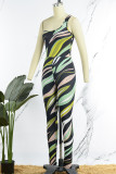 Green Sexy Print Patchwork Oblique Collar Sleeveless Two Pieces